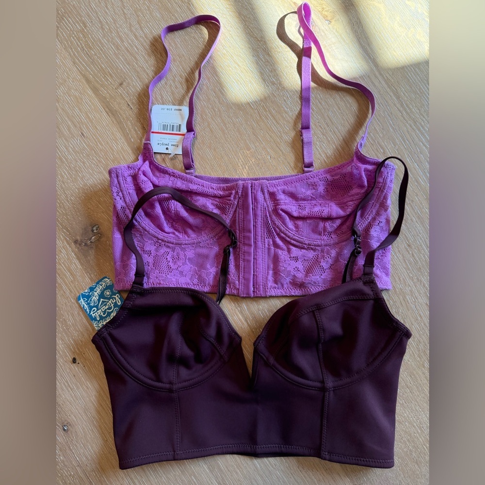 Free People Bralette Bundle XS NWT Lace & Longline Bras Pink + Burgundy Set (2)